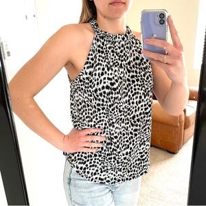 NWOT Adrianna Papell Printed Animal Print Halter Tank Smocked Ruffle High Neck